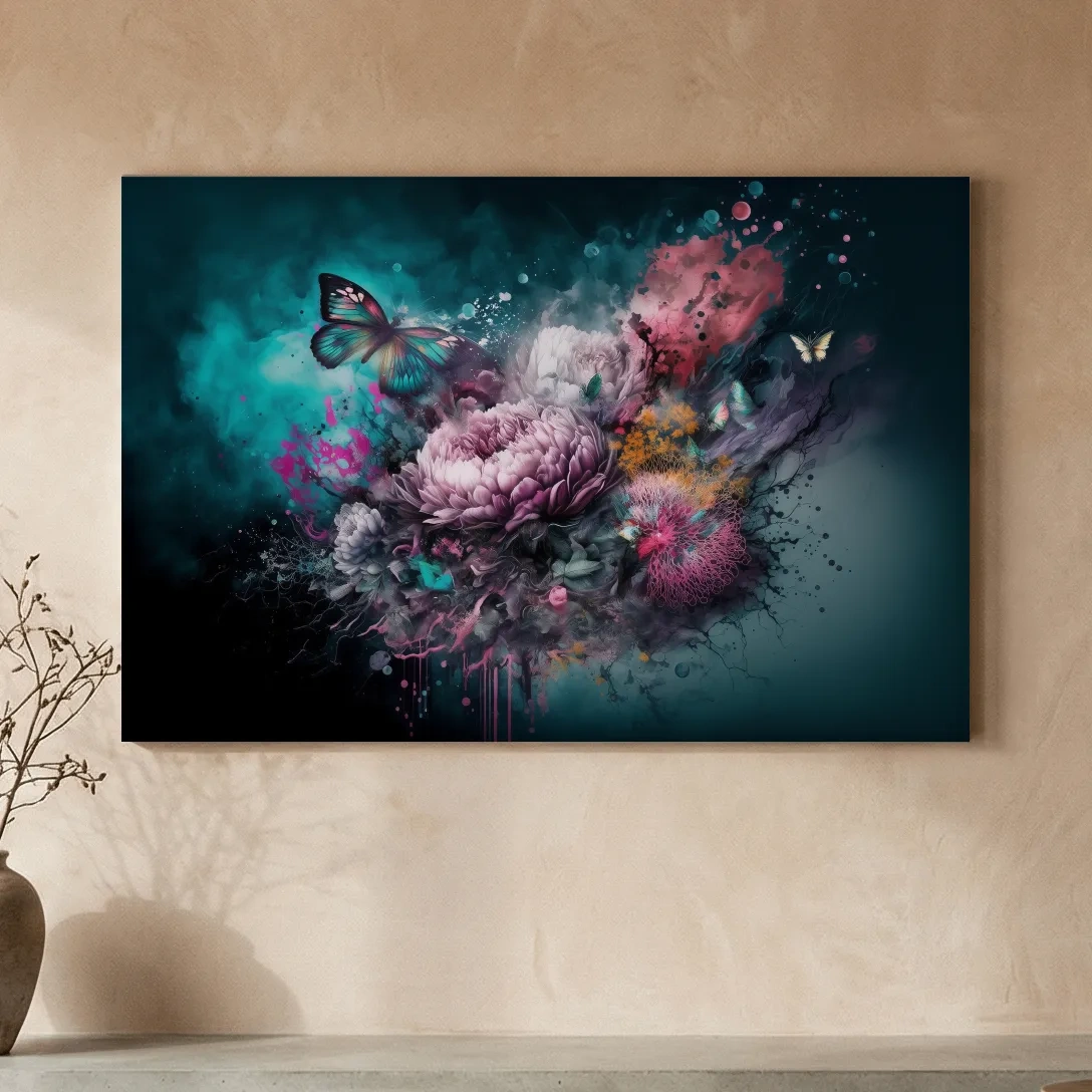 Surreal Floral Butterfly Explosion Painting - Vibrant Botanical Wall Art