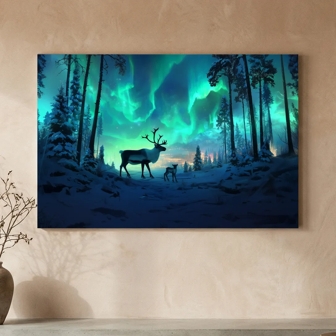 Caribou Buck Under Aurora Borealis Winter Scene - Fantasy Northern Lights Forest Wall Art