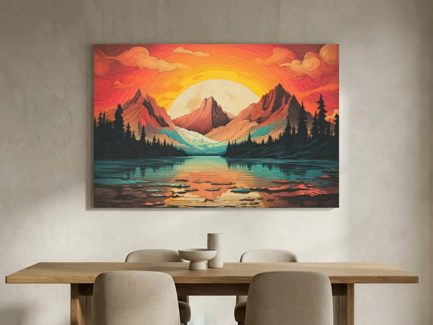 Vibrant Retro Alpine Lake Sunset - Stylized Mountain Wall Art