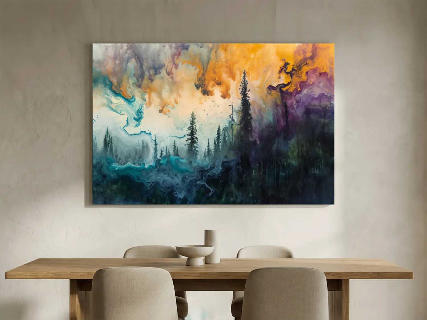Vibrant Abstract Forest Smoke Swirls - Fluid Acrylic Style Wall Art