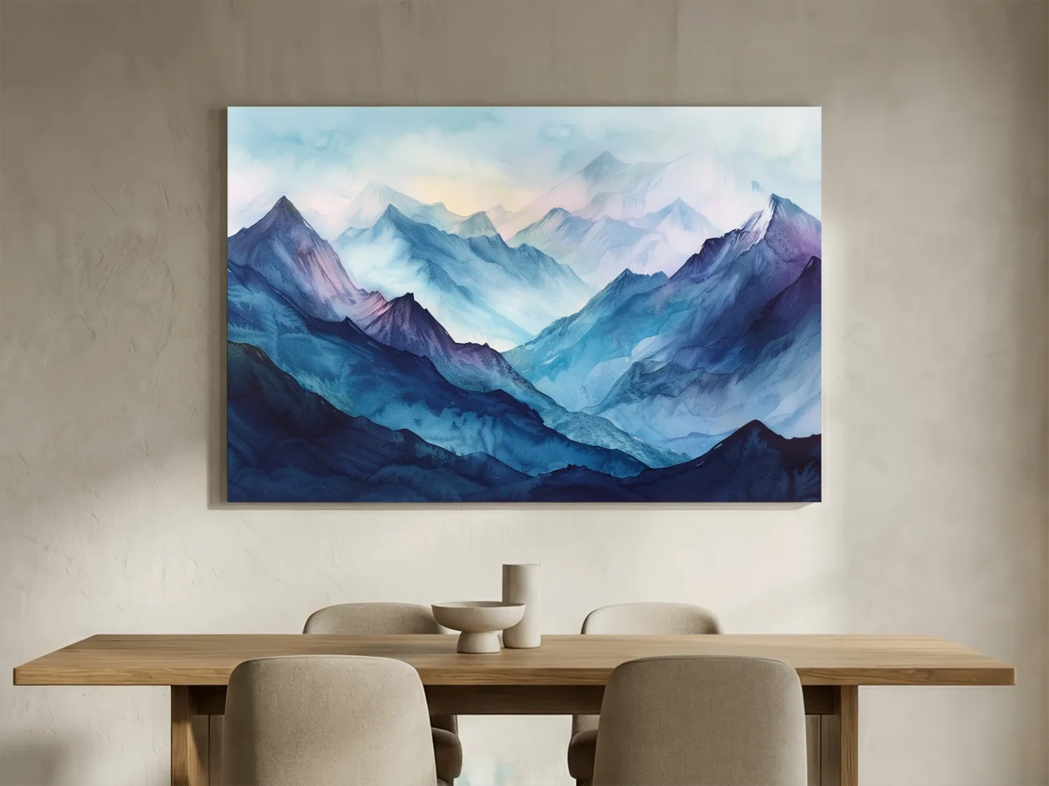 Misty Blue Watercolor Mountain Range Artwork - Serene Colourful Landscape Wall Art