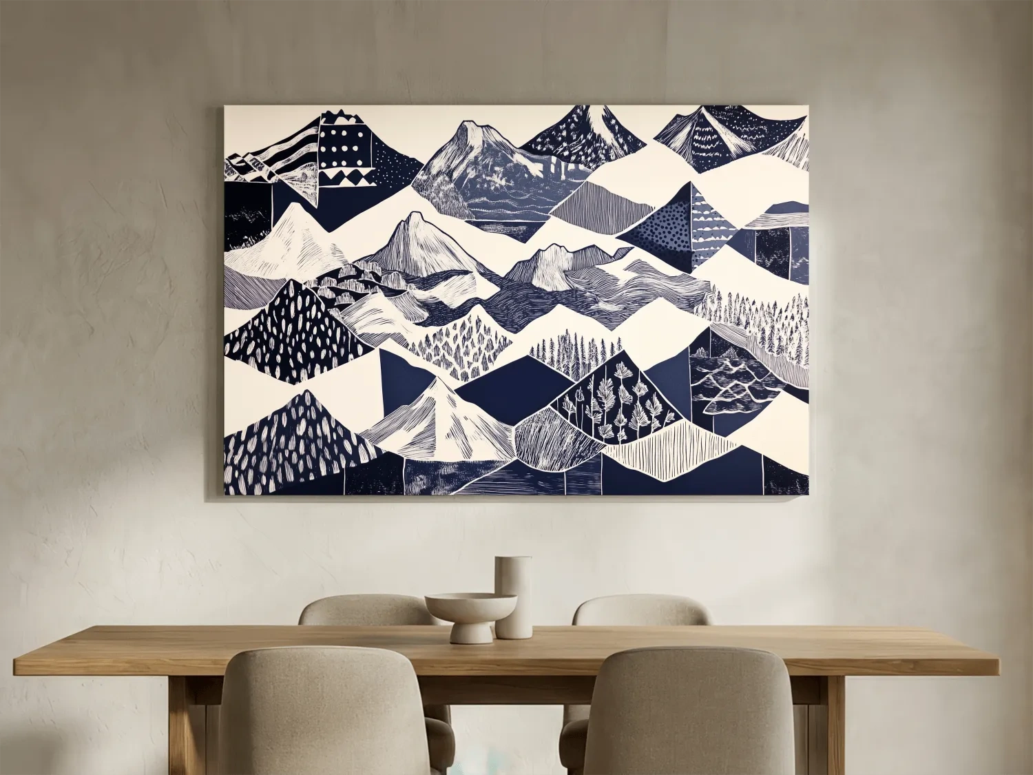 Linocut Patchwork Mountain Range Illustration - Modern Landscape Artwork