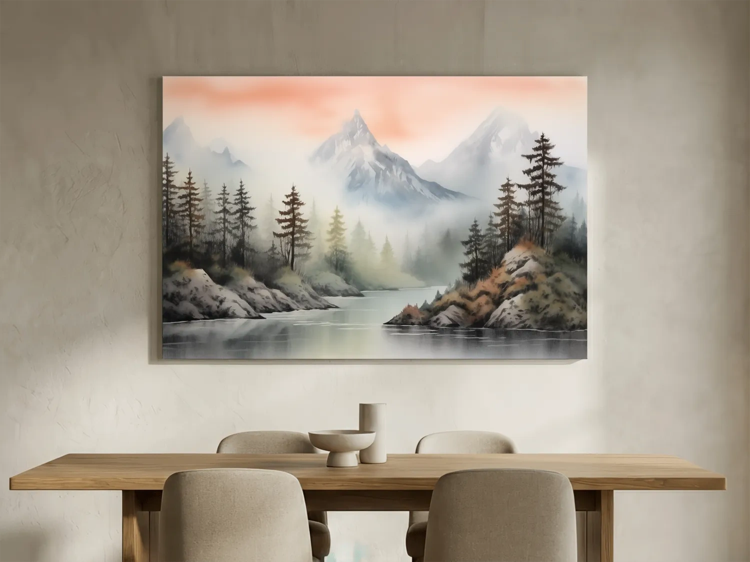 Misty Watercolor Mountain Lake Landscape - Serene Pine Forest Wall Art