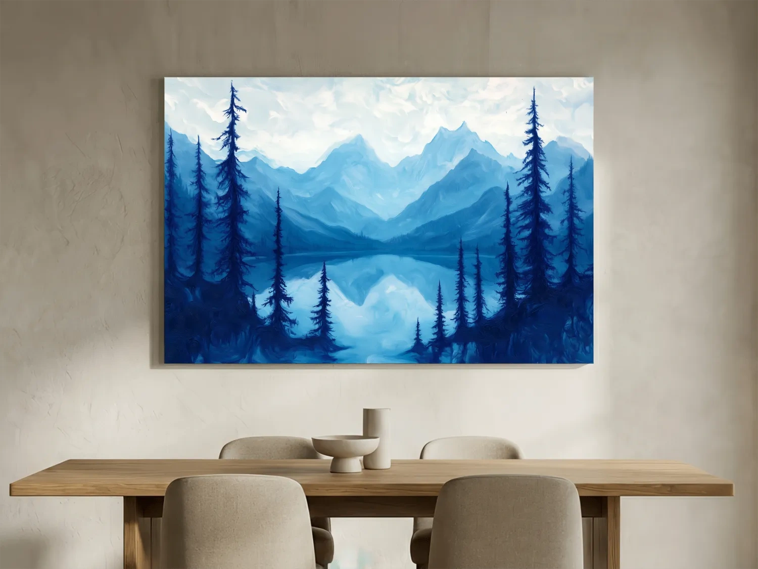 Serene Blue Mountain Lake Oil Painting - Alpine Forest Landscape Artwork