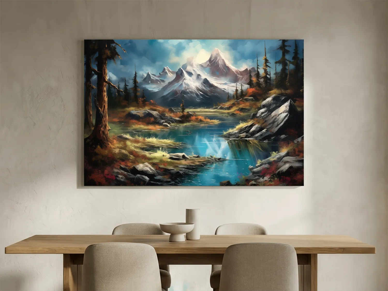 Alpine Lake And Snowcapped Peaks - Dramatic Landscape Painting Wall Art