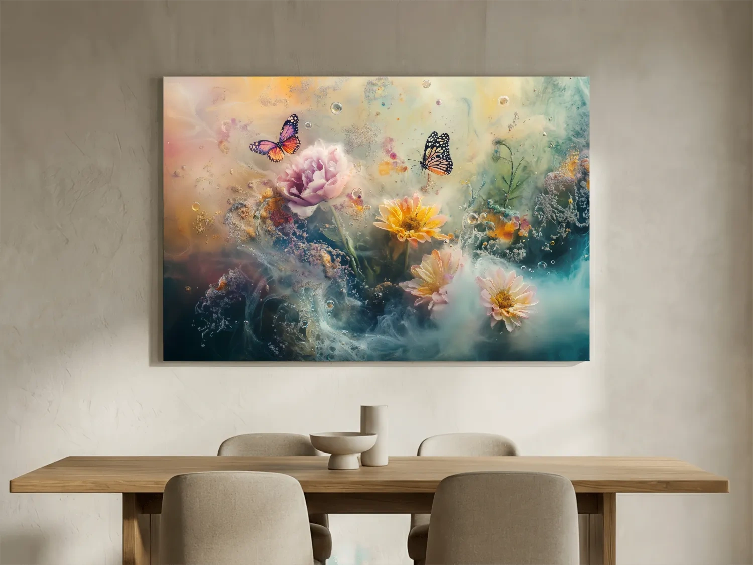 Ethereal Butterfly Floral Dreamscape - Pastel Mixed Media Wall Art