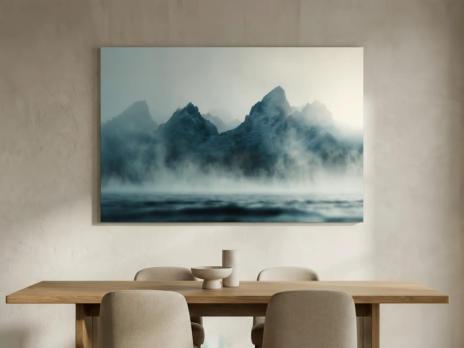 Moody Misty Mountain Peaks Over Water - Atmospheric Monochrome Landscape Wall Art