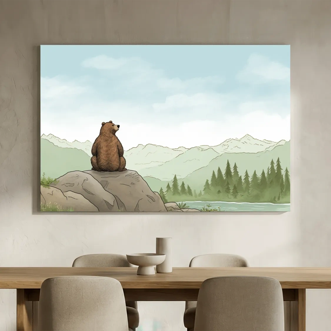 Whimsical Bear Overlooking Mountains - Cute Illustrated Nursery Wall Art