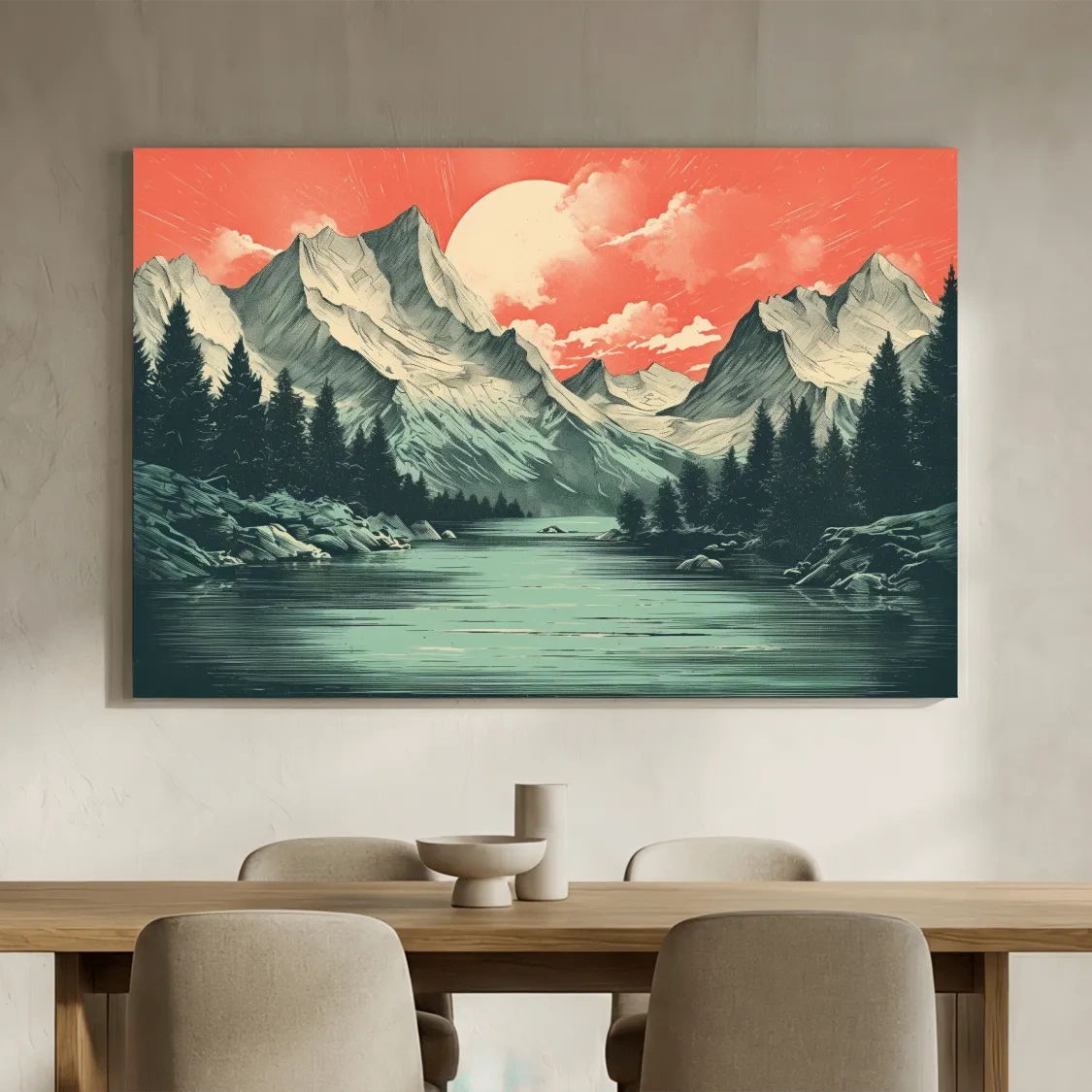 Retro Alpine Mountain Lake Sunset - Vintage Risograph Landscape Wall Art