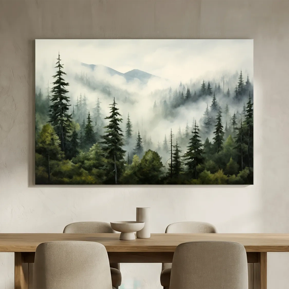 Foggy Alpine Mountain Forest Painting - Moody Watercolor Landscape Wall Art