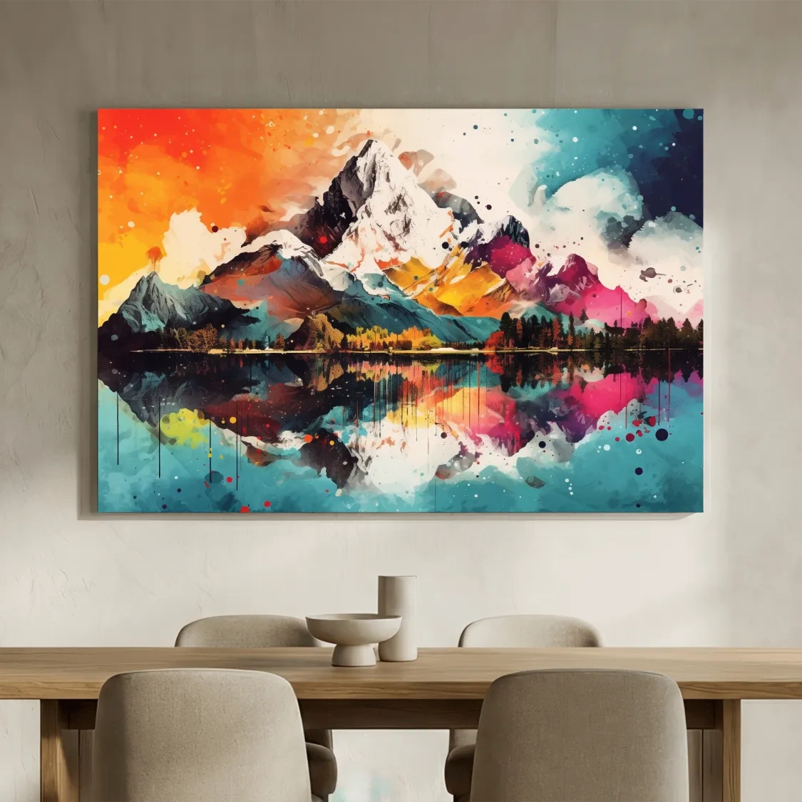 Vibrant Abstract Mountain Lake Collage Artwork - Colorful Watercolor Splash Wall Art