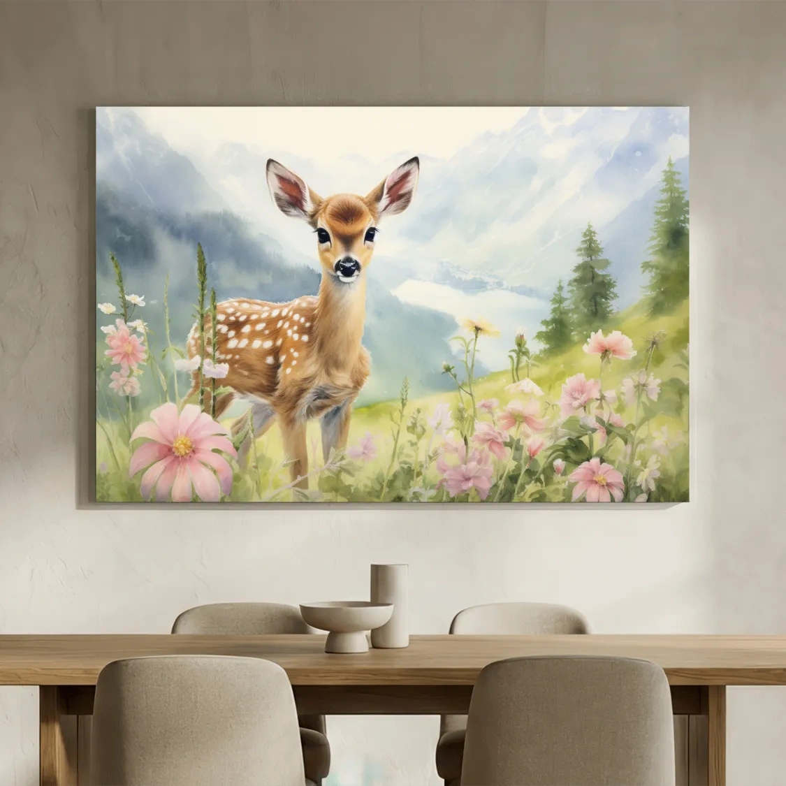 Watercolor Fawn In Wildflowers - Pastel Alpine Meadow Nursery Wall Art