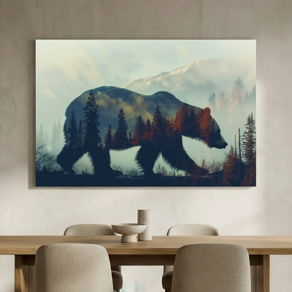 Moody Double Exposure Grizzly Bear Silhouette - Misty Pine Forest Mountain Wall Art