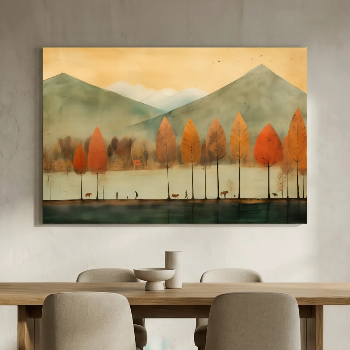 Autumn Tree Lined Lake Landscape - Quirky Watercolor Style Wall Art