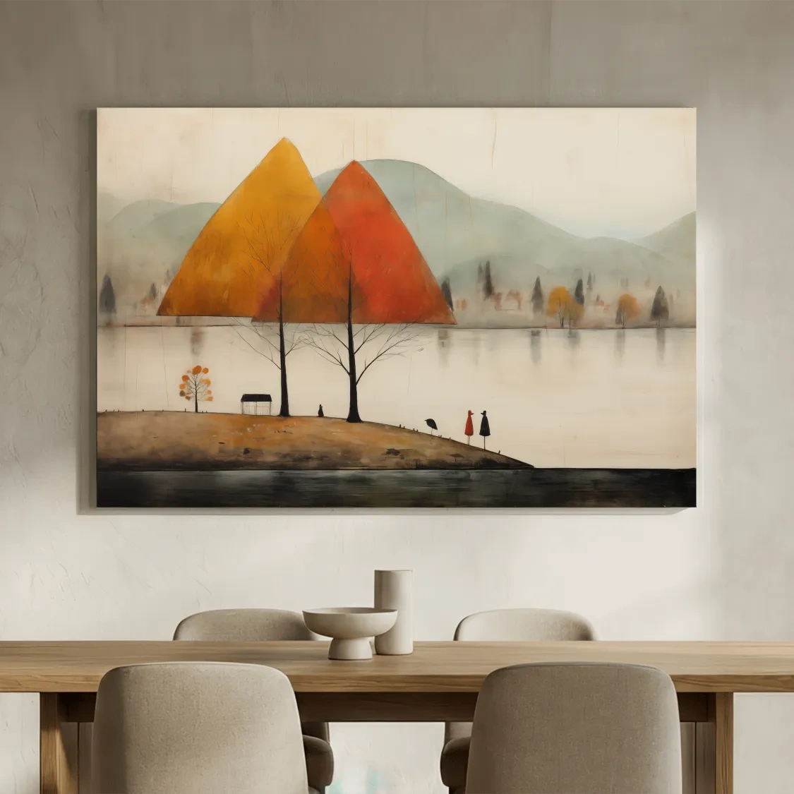 Autumn Mountains Over Misty Lakeside - Quirky Landscape Artwork