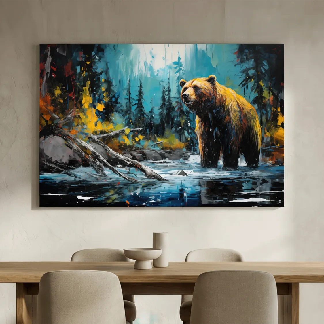 Grizzly Bear Forest River Painting - Vibrant Wildlife Nature Wall Art