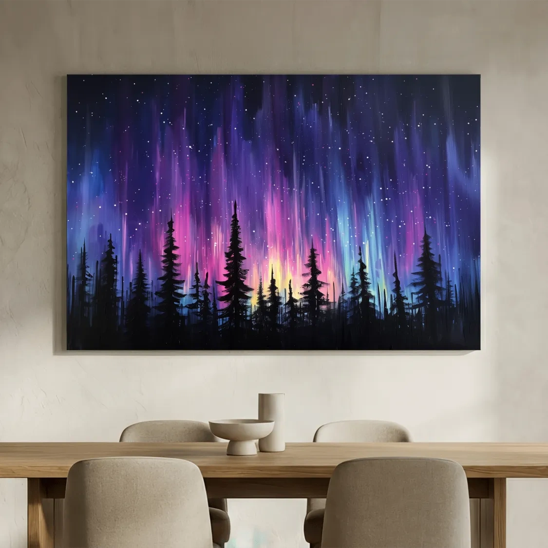 Vibrant Purple Northern Lights & Silhouetted Pine Forest - Aurora Borealis Painting Wall Art