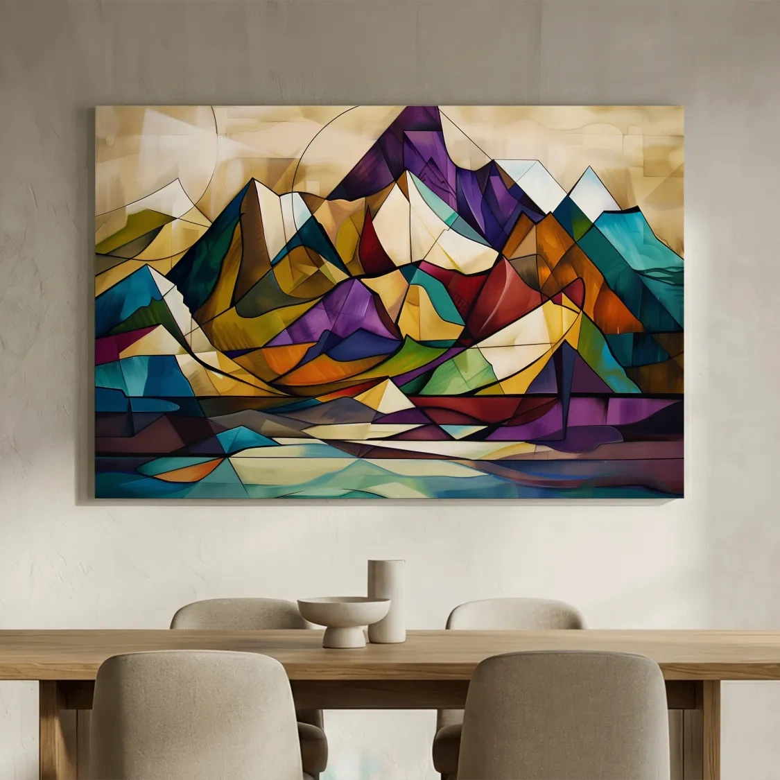 Vibrant Leadlight Style Mountain Range Painting - Abstract Colorful Stained Glass Wall Art