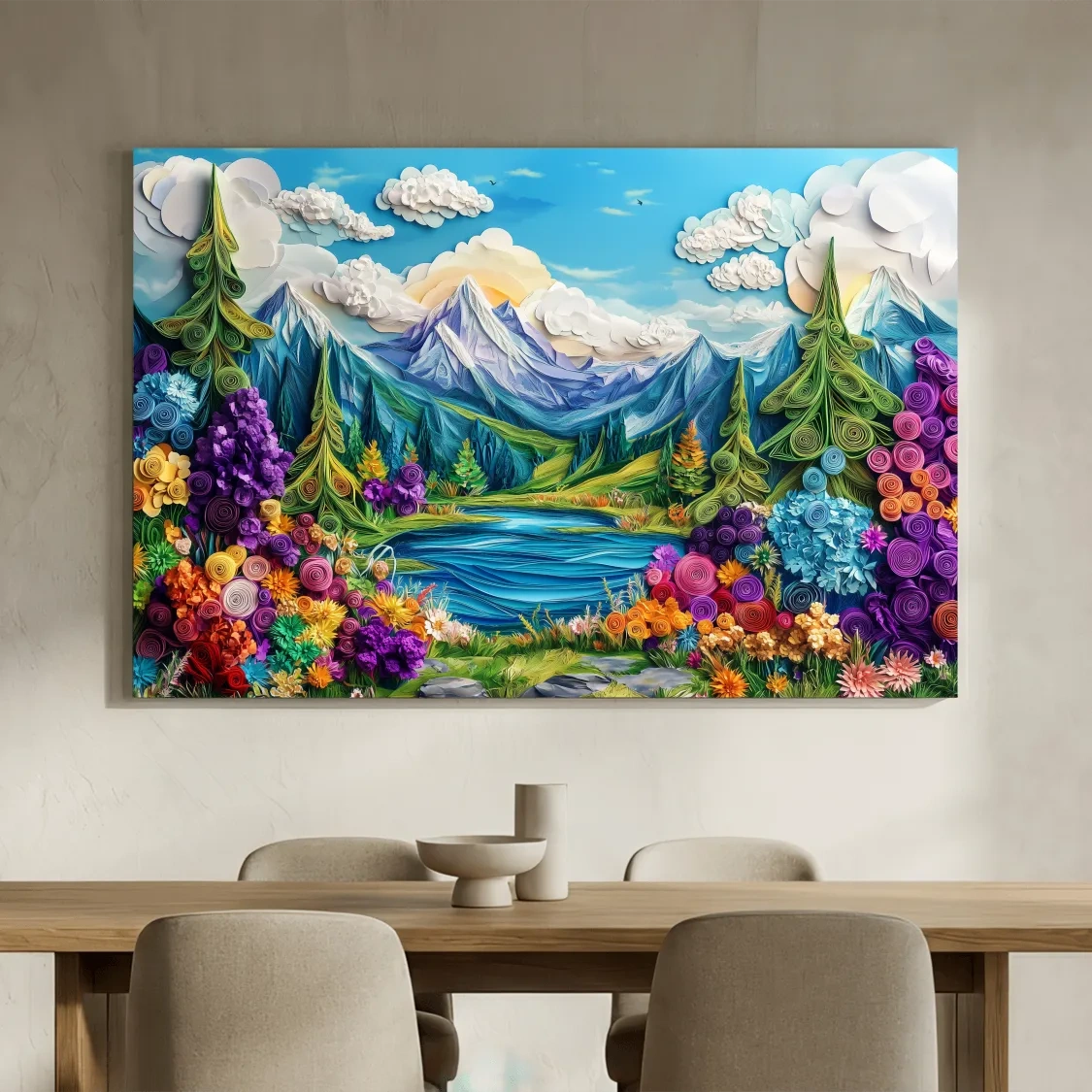 Colorful Paper Quilling Alpine Meadows Landscape Print - 3D Effect Nature Wall Art