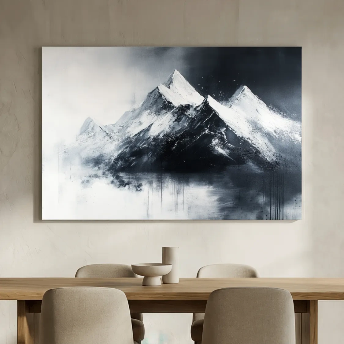 Moody Monochrome Snowcapped Mountain Peaks Painting - Modern Minimalist Wall Art