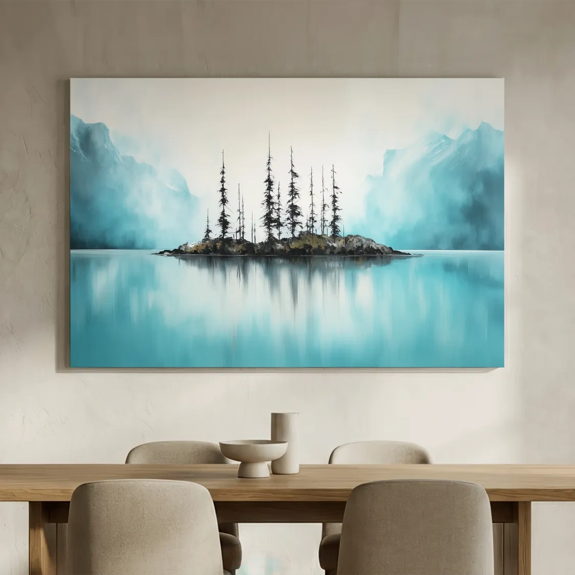 Misty Turquoise Mountain Lake Reflection - Minimalist Watercolor Landscape Wall Art
