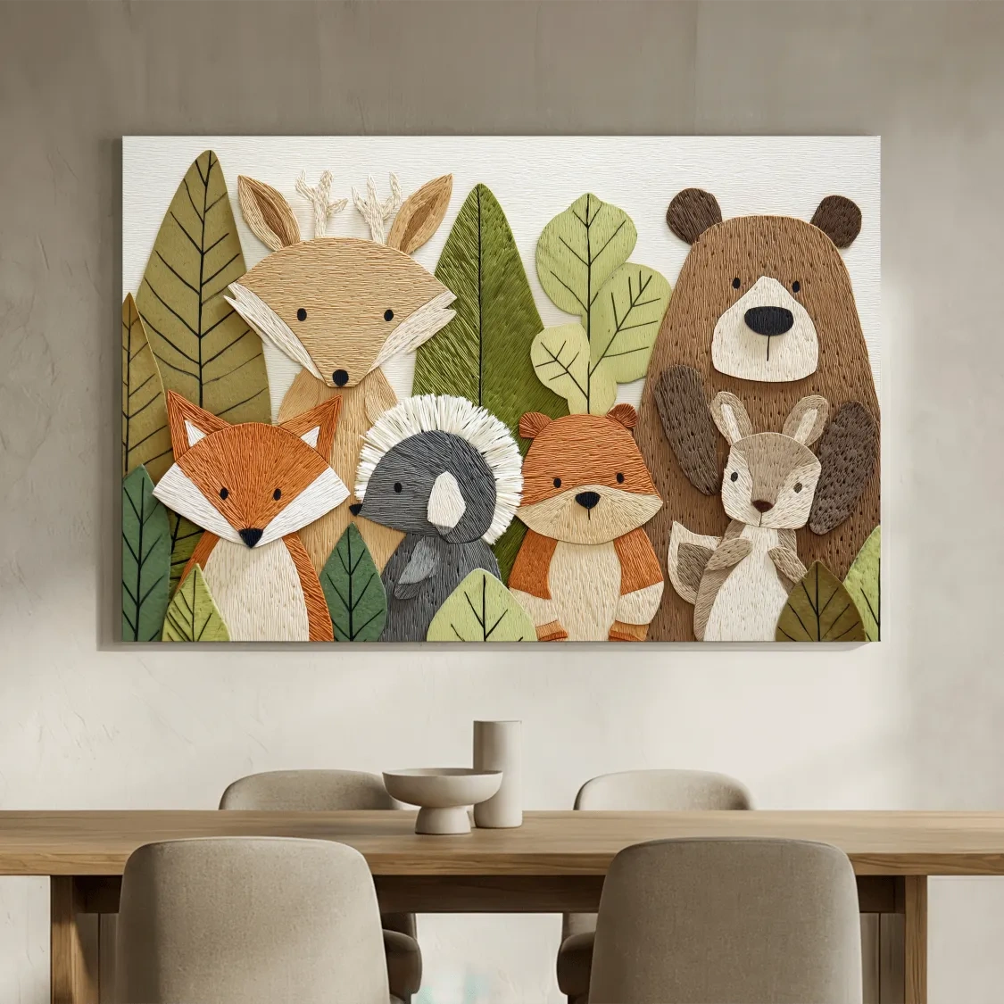 Woodland Animal Nursery Decor - Cute Forest Animals Embroidery Style Wall Art
