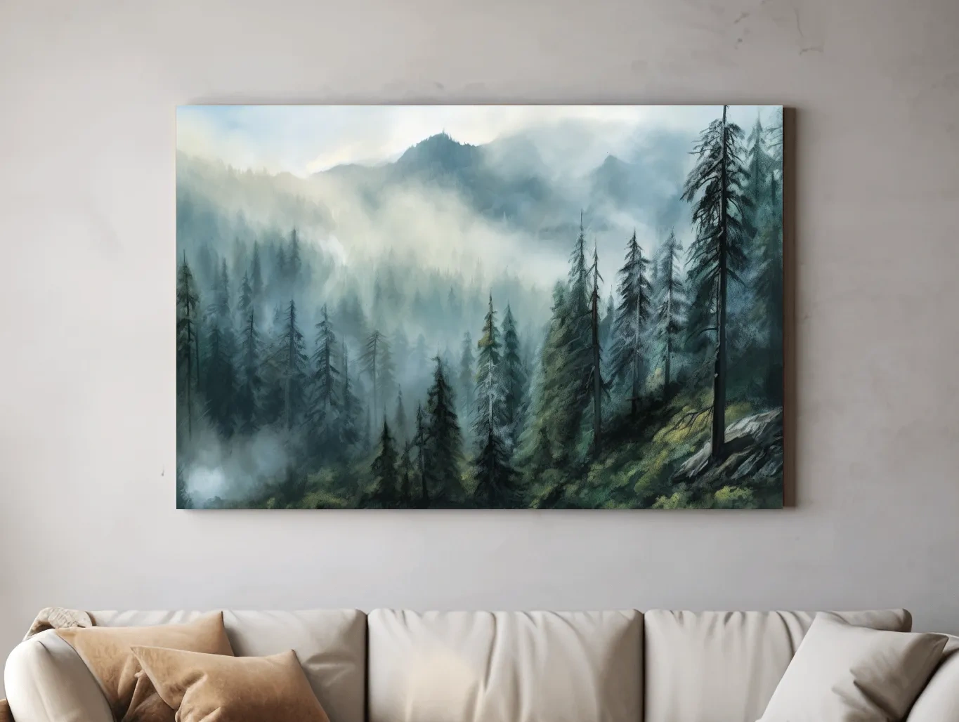 Misty Evergreen Forest Mountain Landscape - Moody Watercolor Nature Wall Art