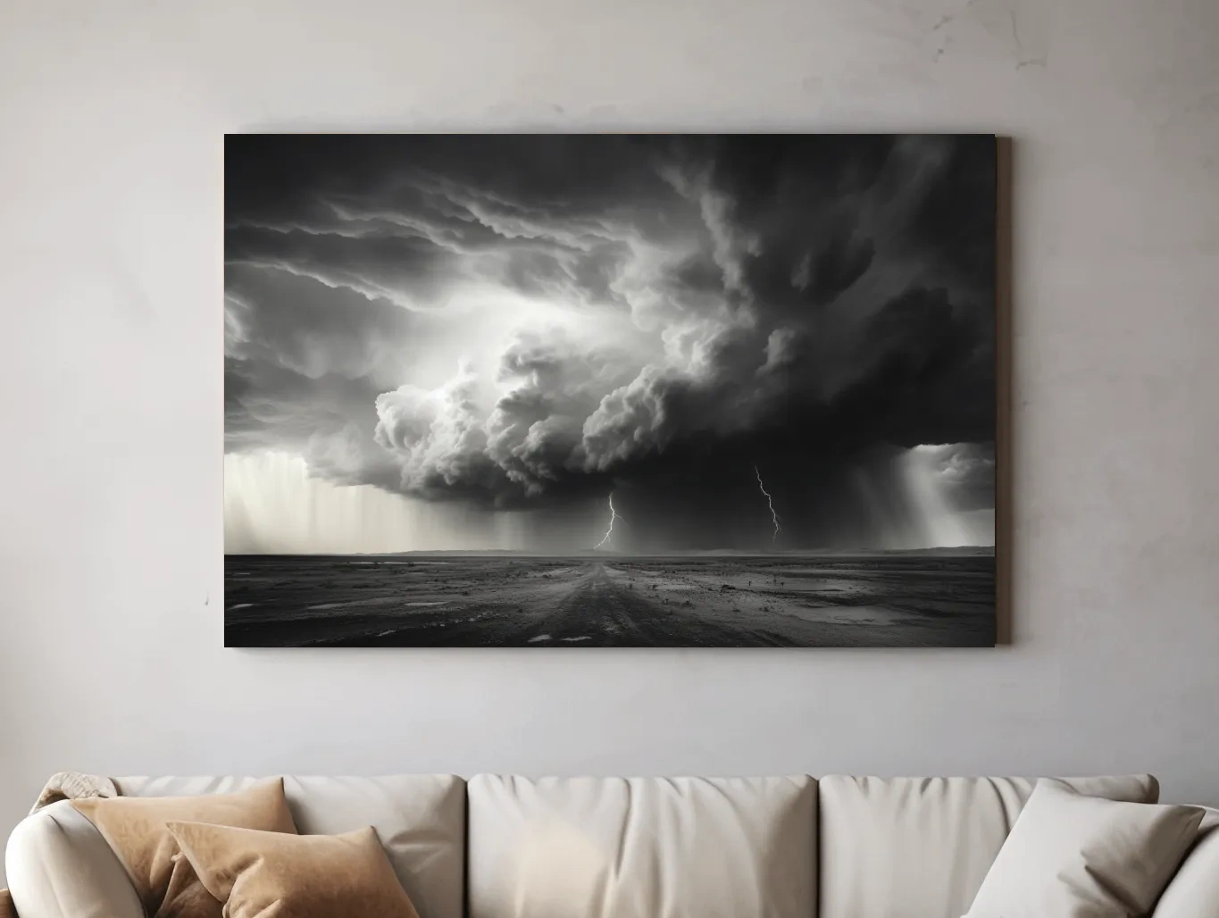 Moody Monochrome Thunderstorm Lightning Landscape - Dramatic Storm Cloud Wall Art