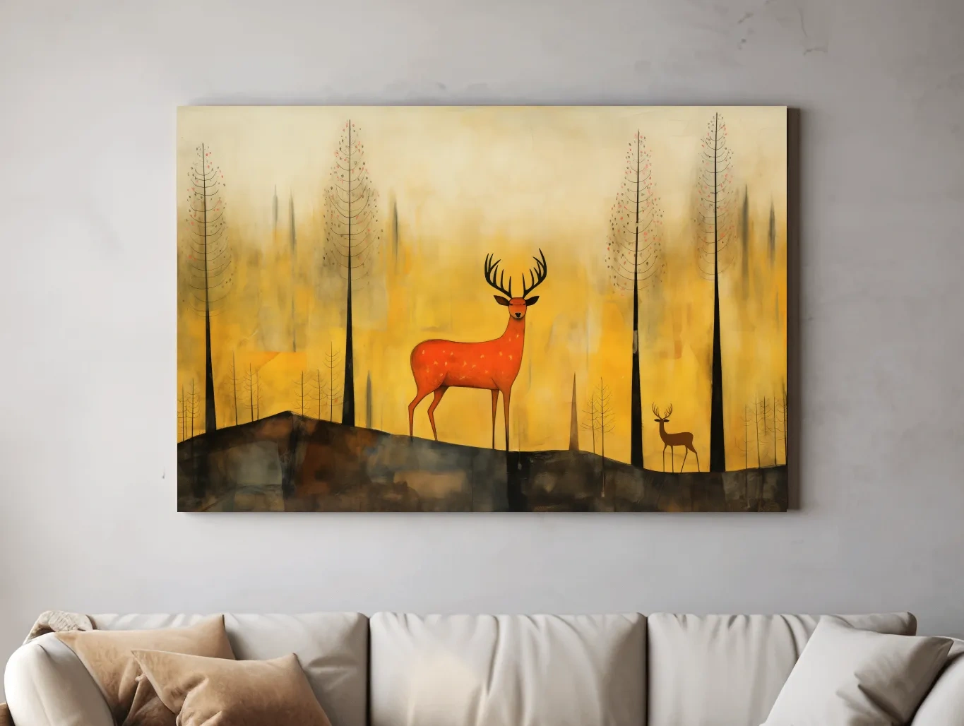 Whimsical Deer In Autumn Forest - Golden Woodland Landscape Wall Art