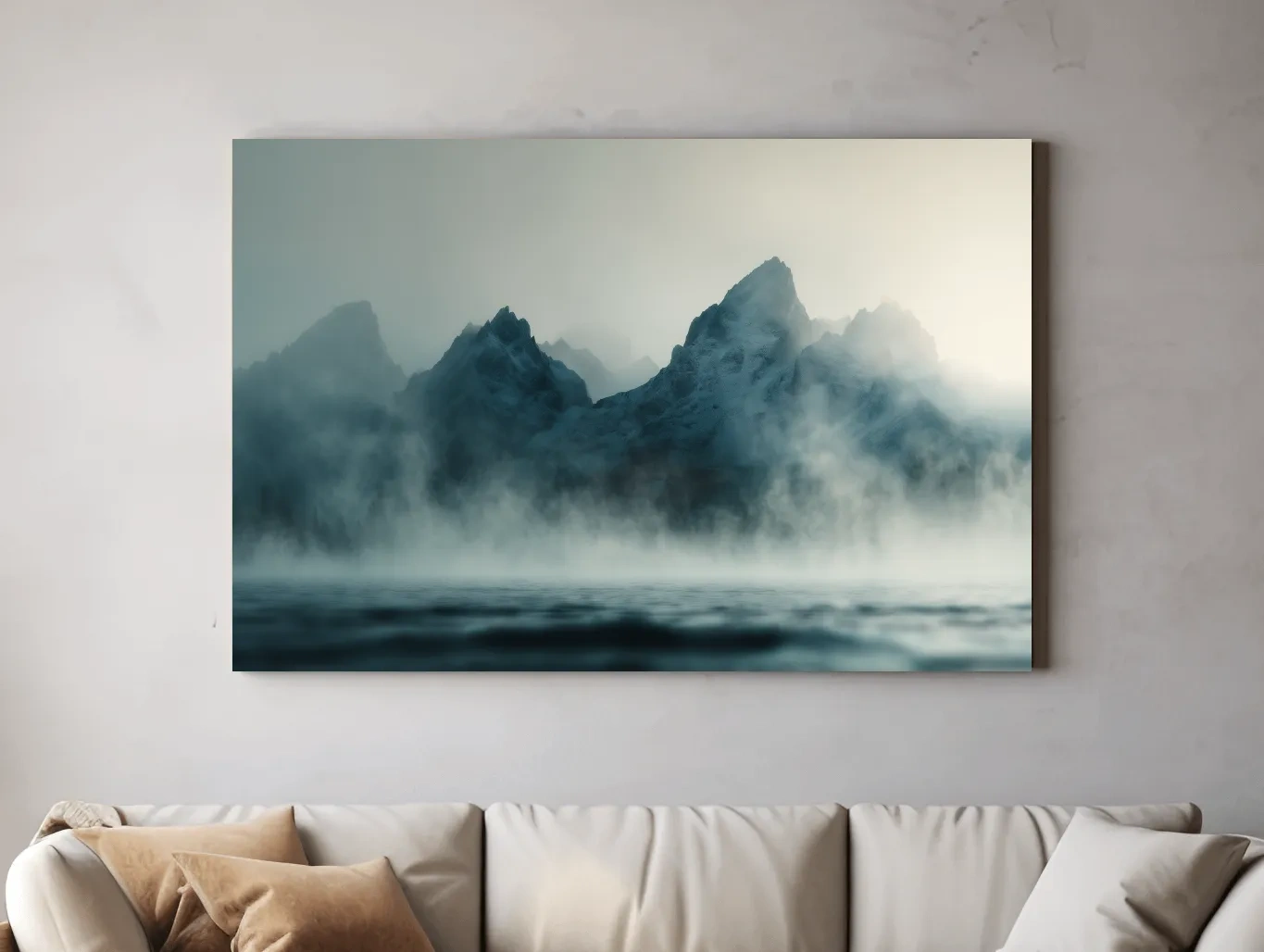 Moody Misty Mountain Peaks Over Water - Atmospheric Monochrome Landscape Wall Art