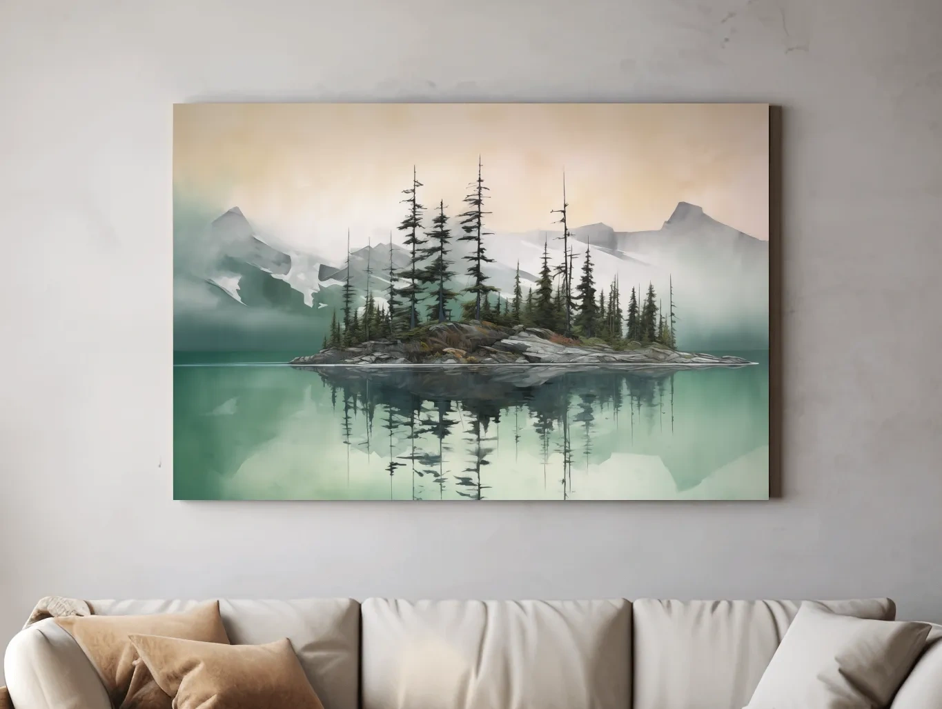 Misty Turquoise Alpine Lake Reflection - Serene Watercolor Mountain Landscape Wall Art