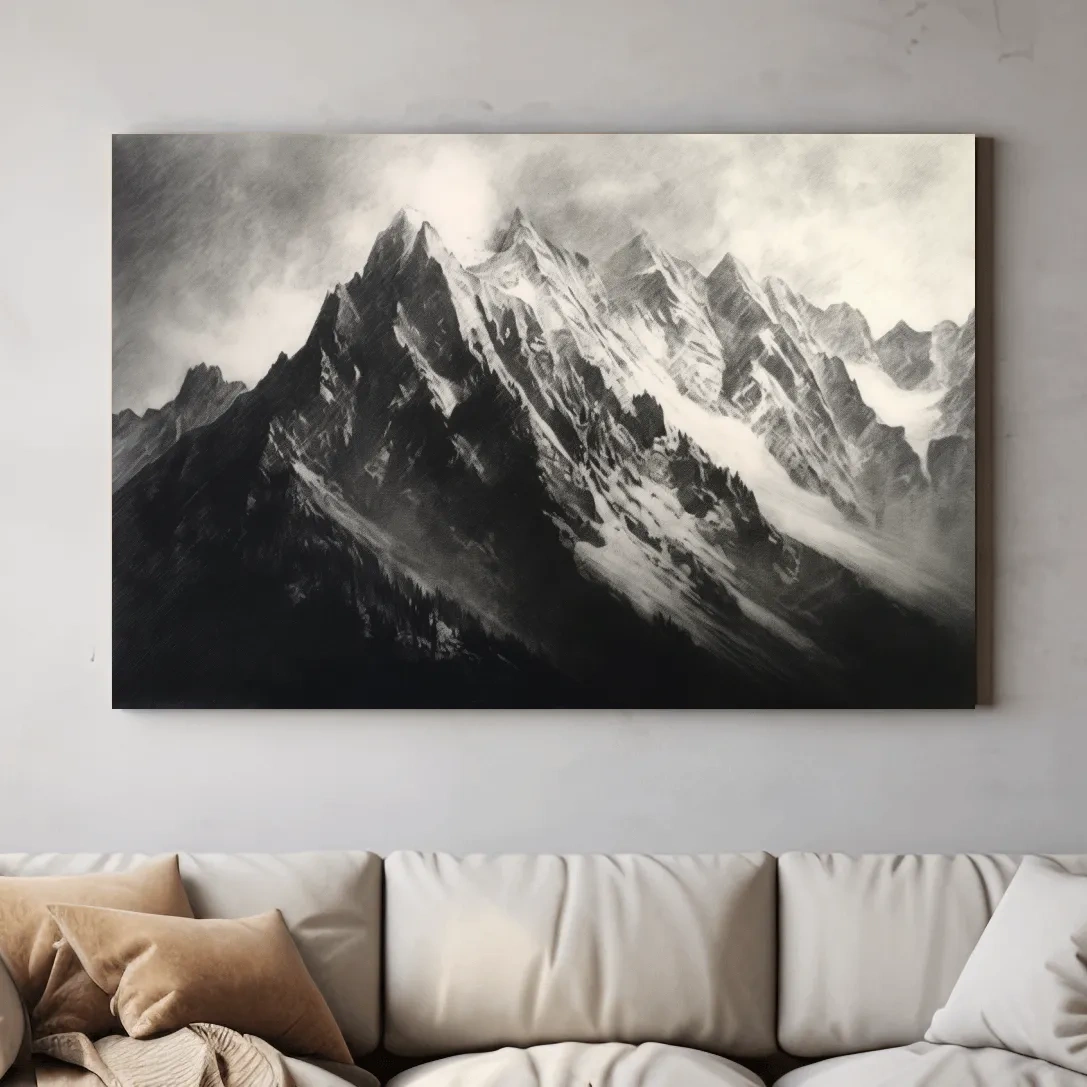 Moody Monochrome Snowy Mountain Peaks - Dramatic Charcoal Landscape Artwork
