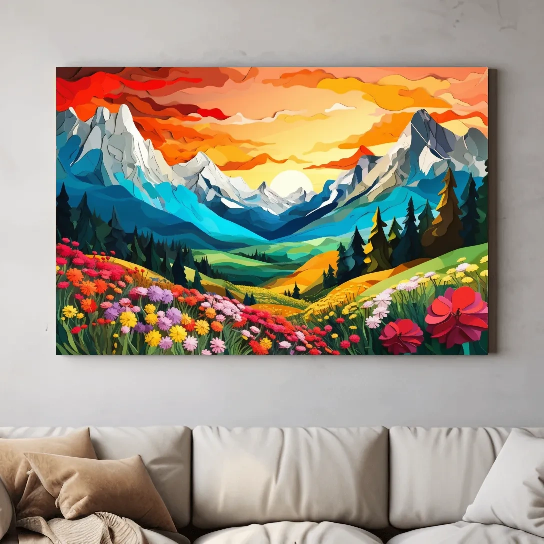 Vibrant Wildflower Mountain Valley Sunset - Colorful Paper Cutout Style Wall Art