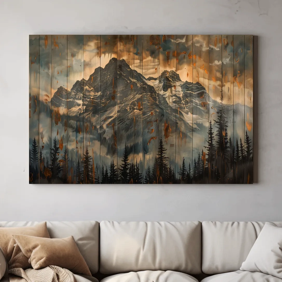Rustic Mountain Range Painting - Alpine Forest Wood Panel Wall Art