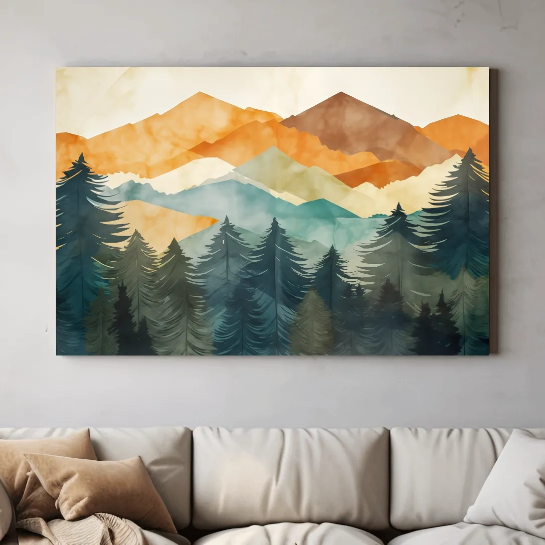 Serene Landscape Painting - Abstract Watercolour Forest & Mountains
