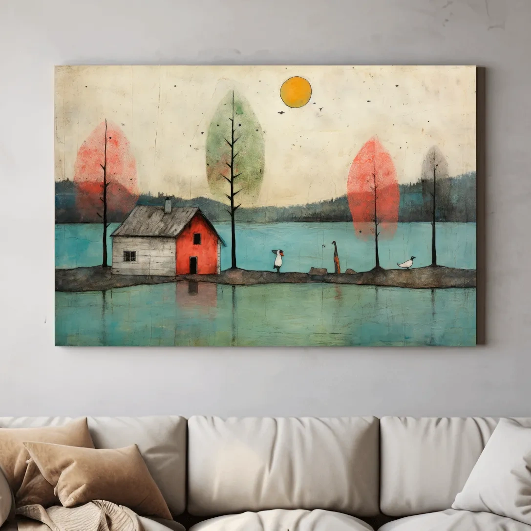 Whimsical Lakeside Cabin Illustration - Rustic Folk Landscape Wall Art