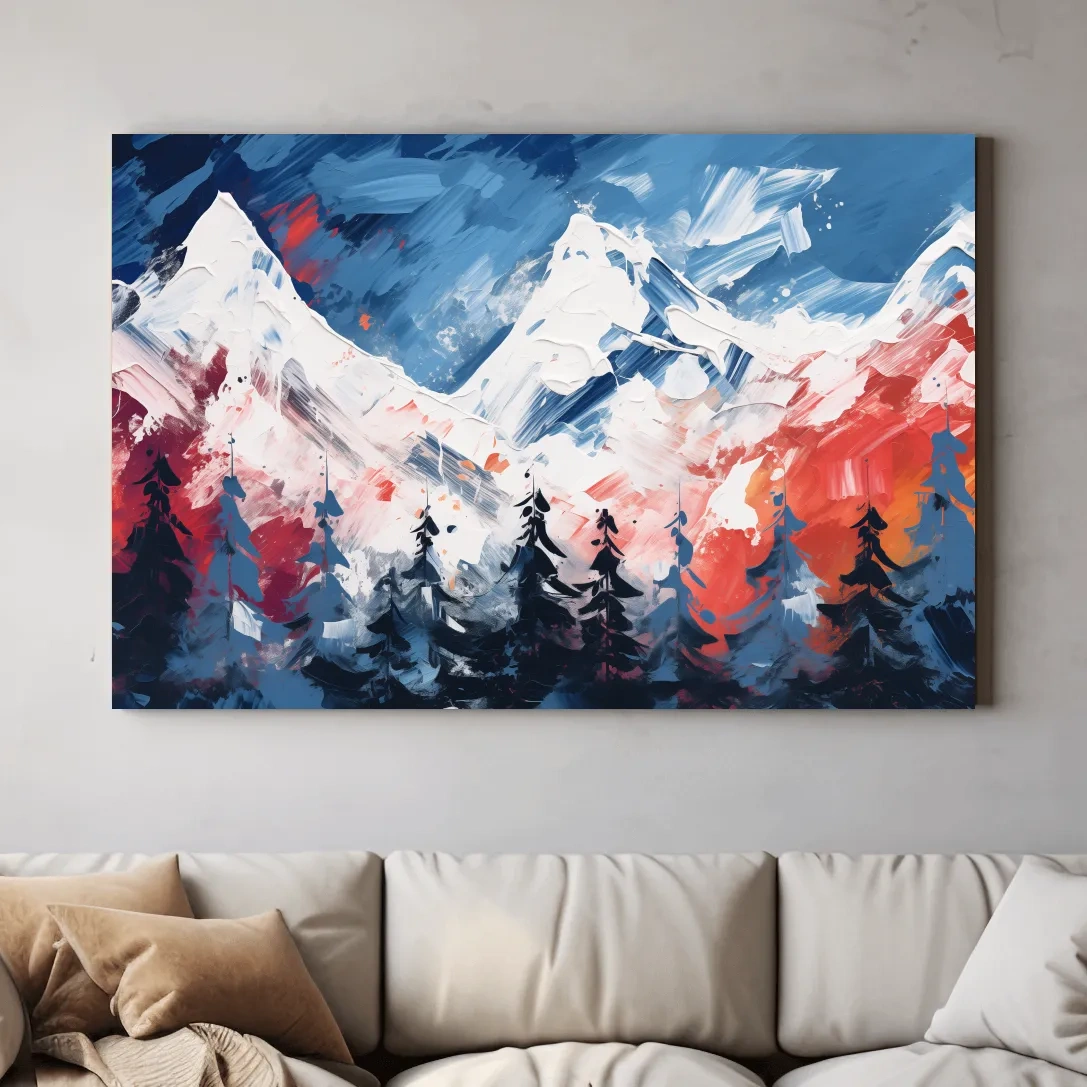 Vibrant Abstract Snowcapped Mountain Peaks - Bold Alpine Forest Landscape Art