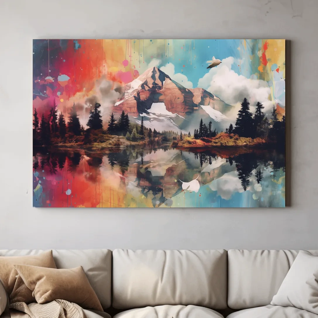 Vibrant Abstract Mountain Lake Painting - Colorful Landscape Wall Art