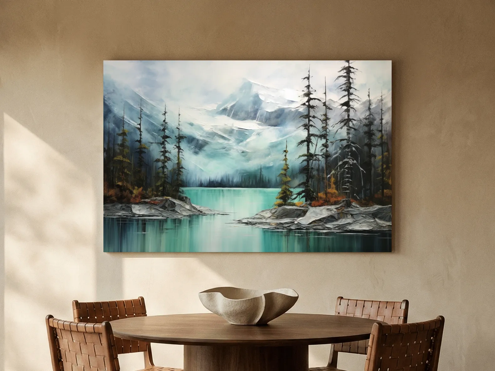 Misty Turquoise Mountain Lake Painting - Serene Alpine Forest Landscape Wall Art