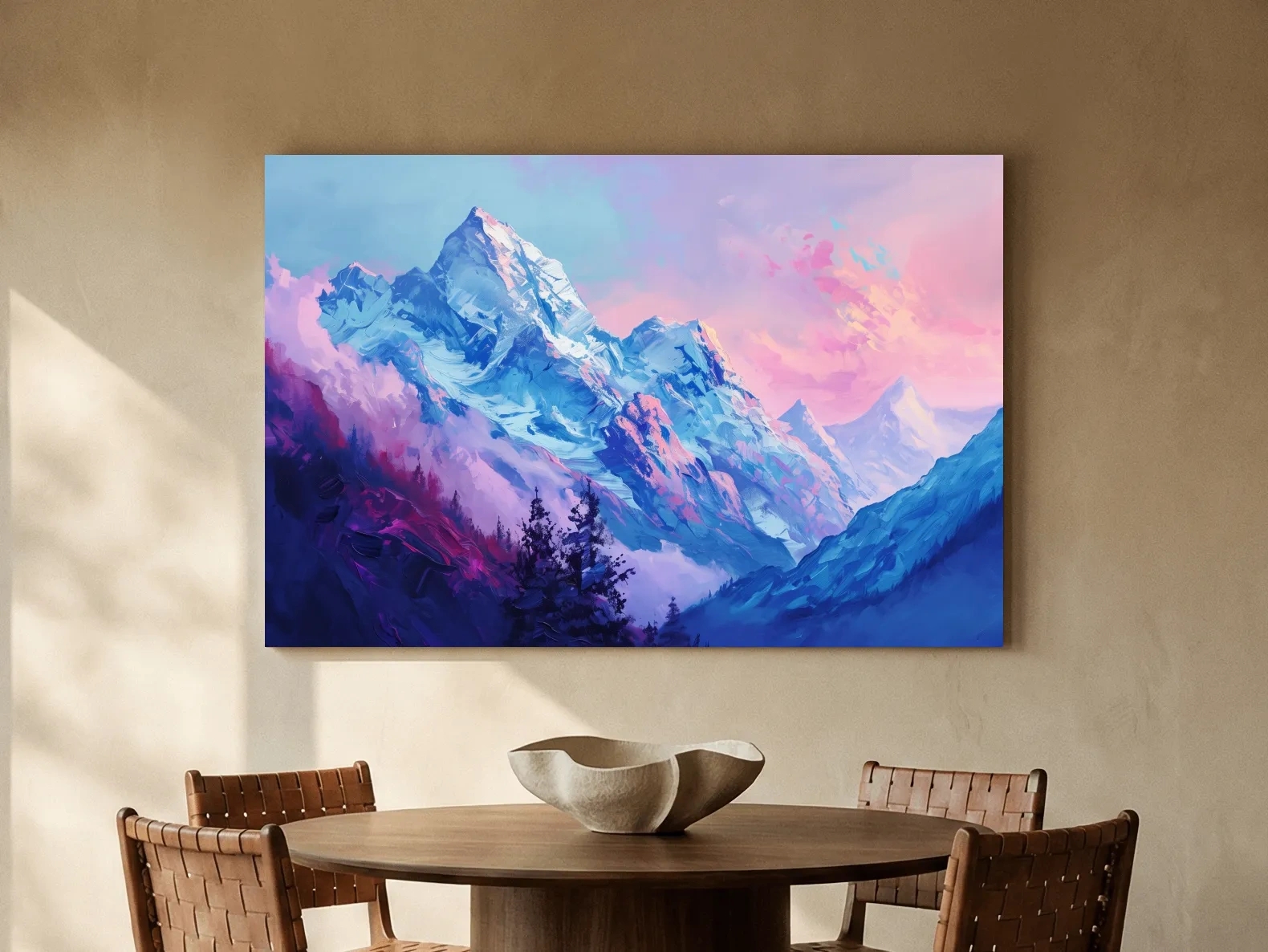 Vibrant Impressionism Alpine Mountain Painting - Colorful Snowy Peaks Wall Art