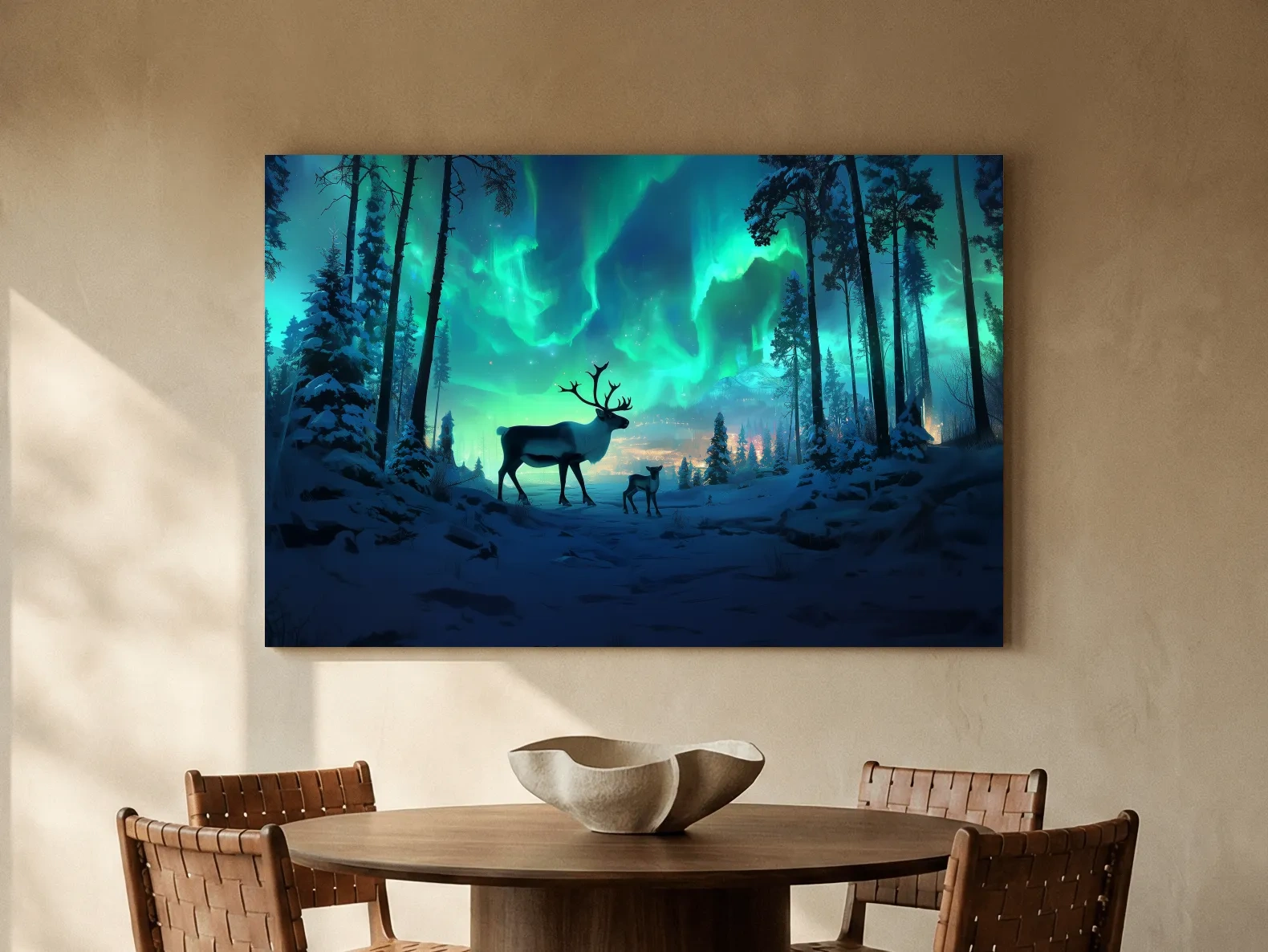 Caribou Buck Under Aurora Borealis Winter Scene - Fantasy Northern Lights Forest Wall Art