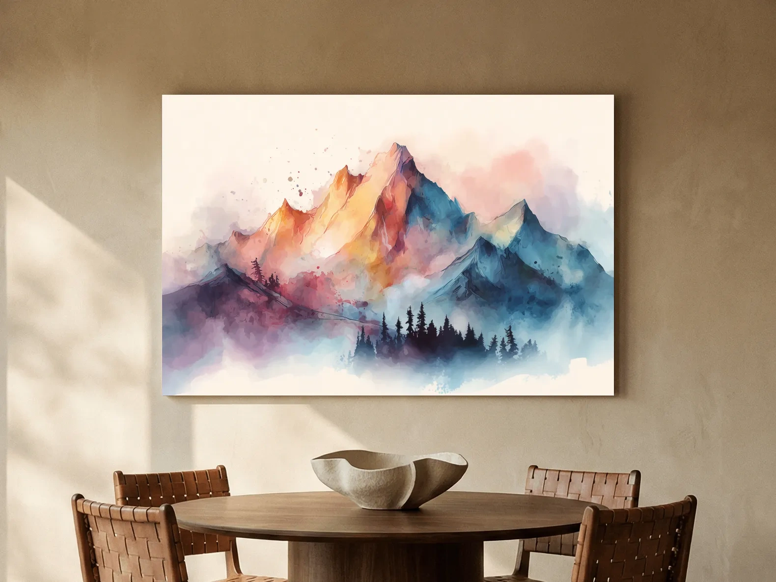 Vibrant Watercolor Mountain Peaks - Colorful Misty Alpine Forest Wall Art