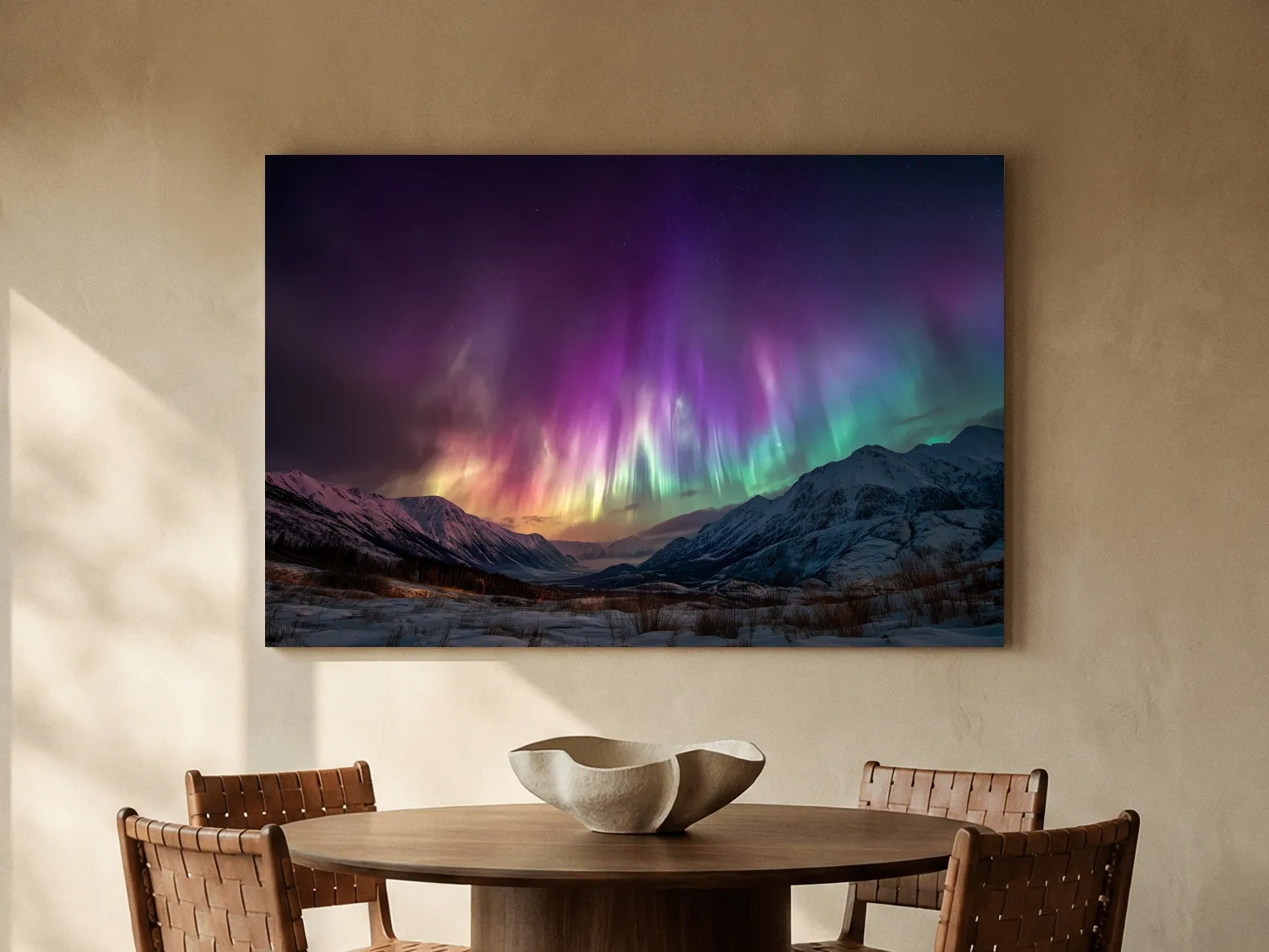 Vibrant Aurora Borealis Over Snowy Mountains - Northern Lights Night Sky Wall Art
