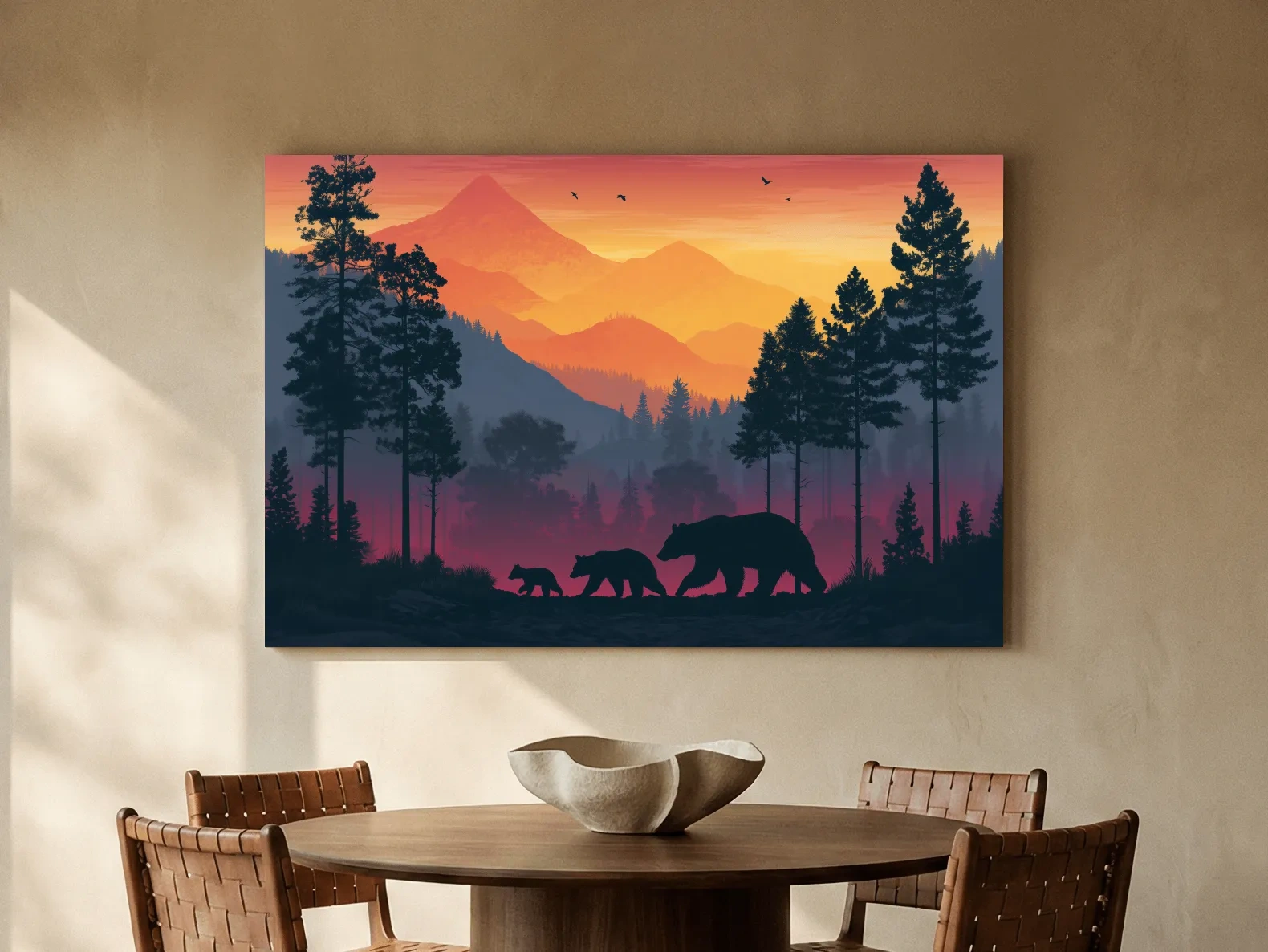 Sunset Momma Bear & Cubs Silhouette - Forest Wildlife Wall Art