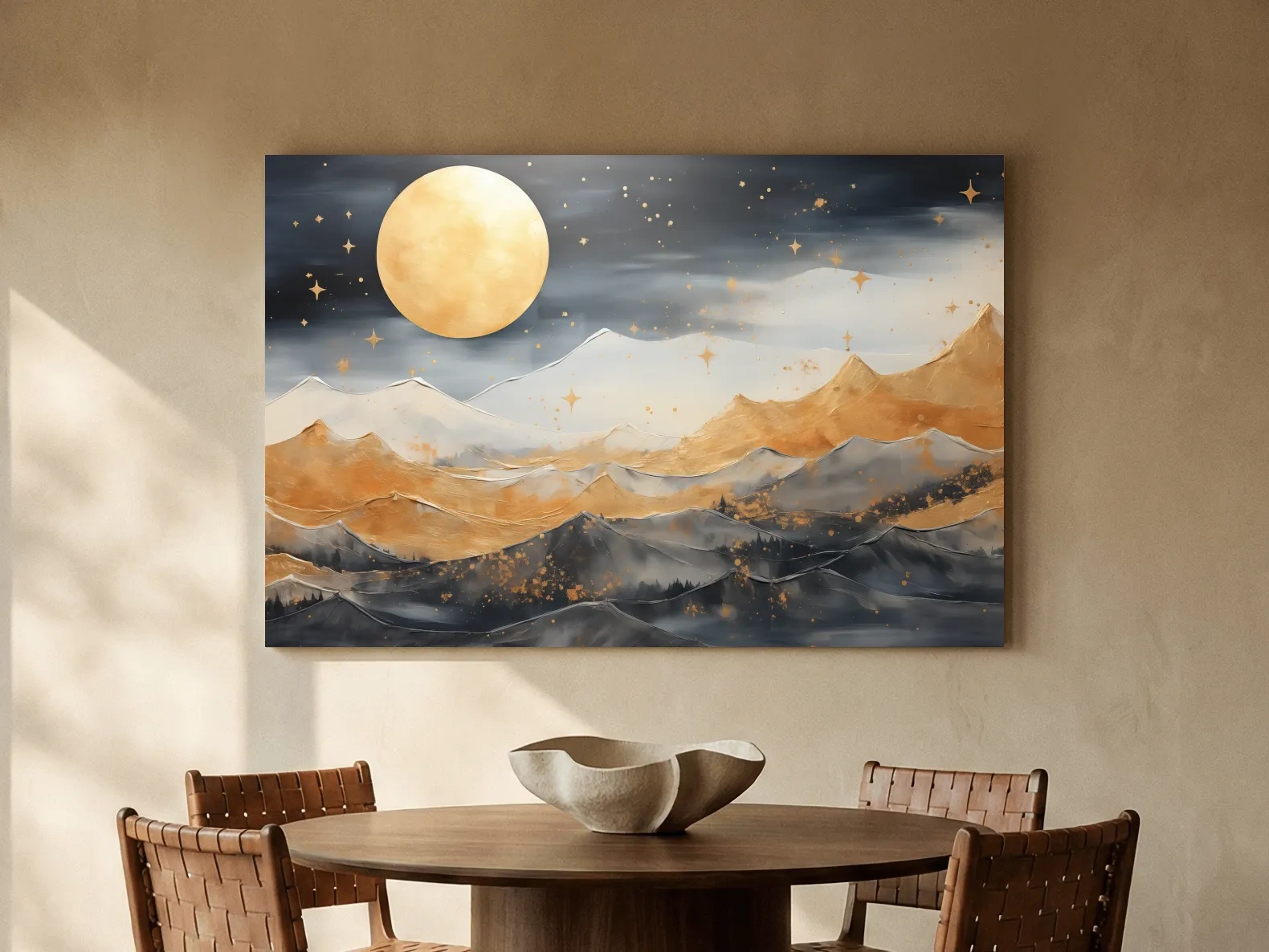 Golden Moonlit Abstract Mountain Landscape - Modern Watercolor Wall Art