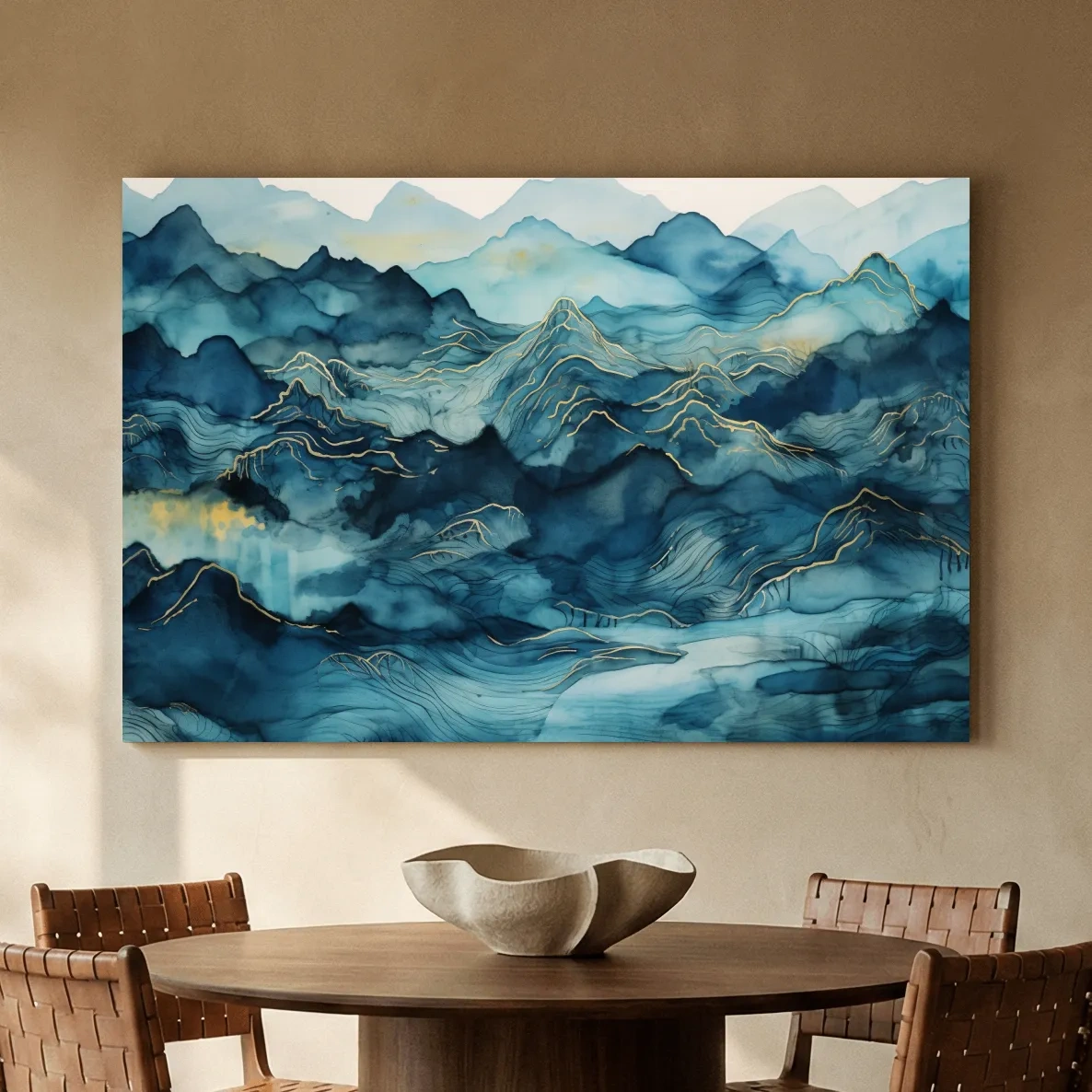 Watercolor Mountain Range With Gold Linework - Abstract Landscape Wall Art