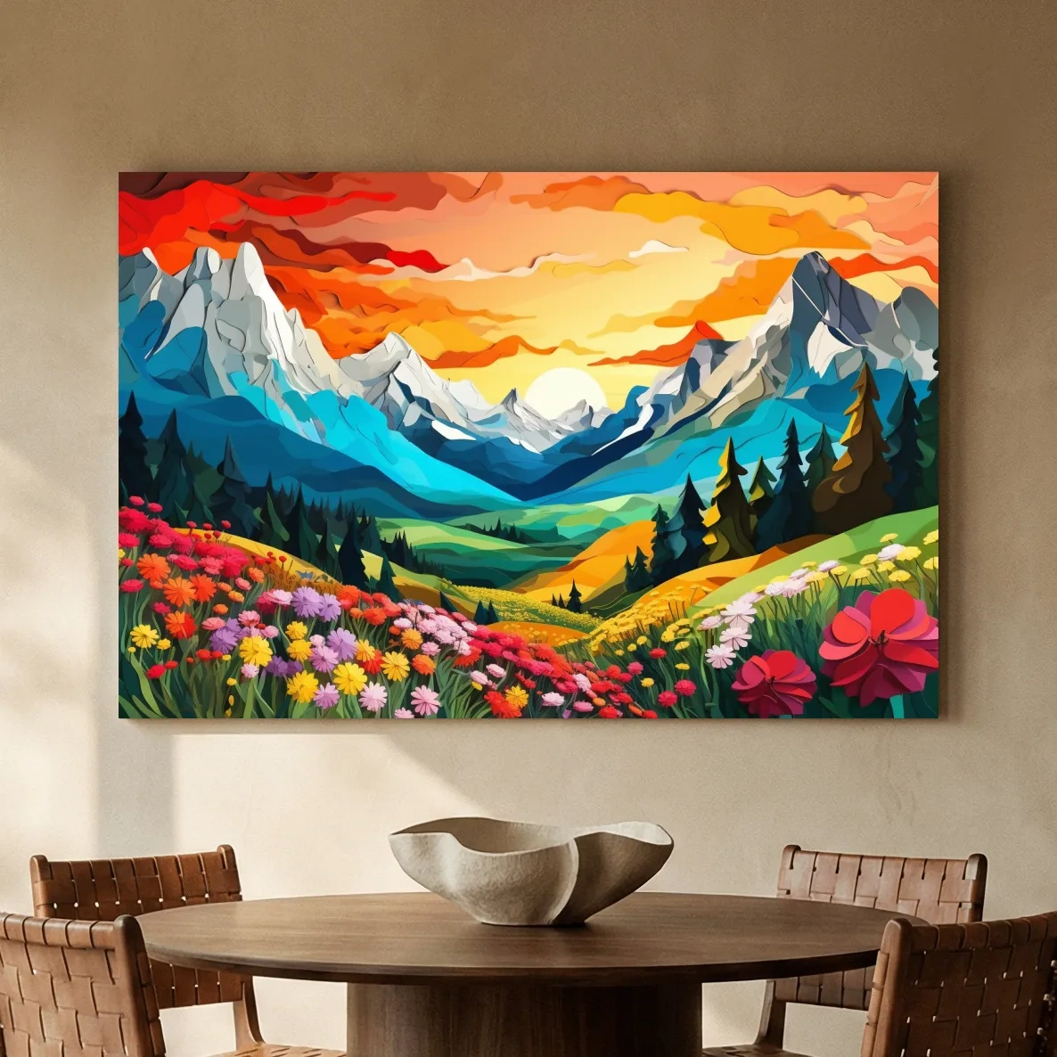 Vibrant Wildflower Mountain Valley Sunset - Colorful Paper Cutout Style Wall Art