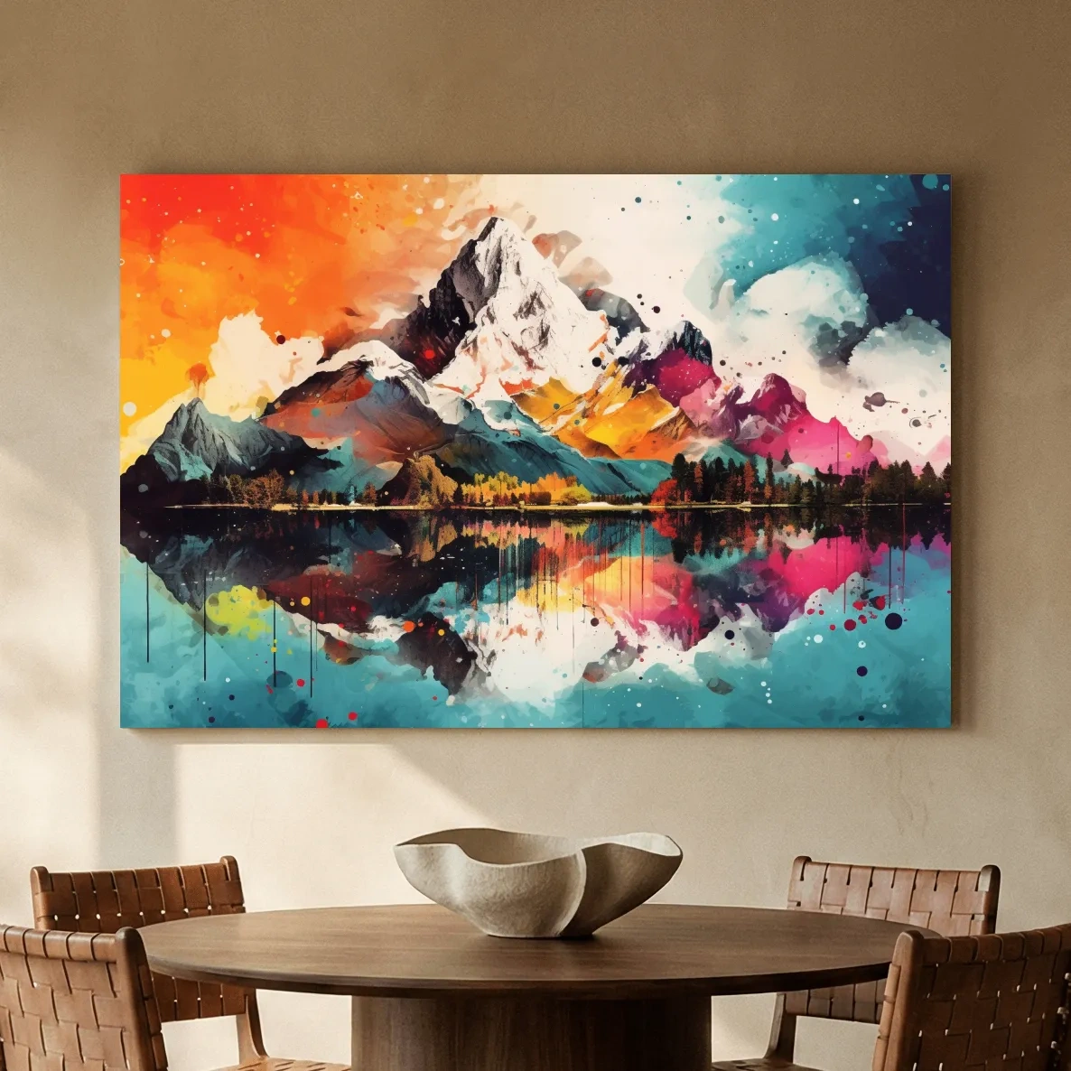 Vibrant Abstract Mountain Lake Collage Artwork - Colorful Watercolor Splash Wall Art