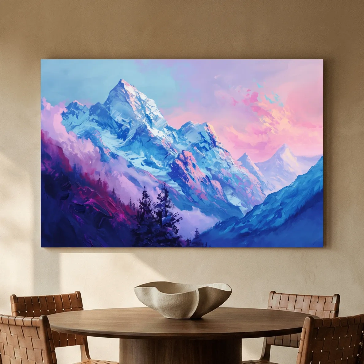Vibrant Impressionism Alpine Mountain Painting - Colorful Snowy Peaks Wall Art