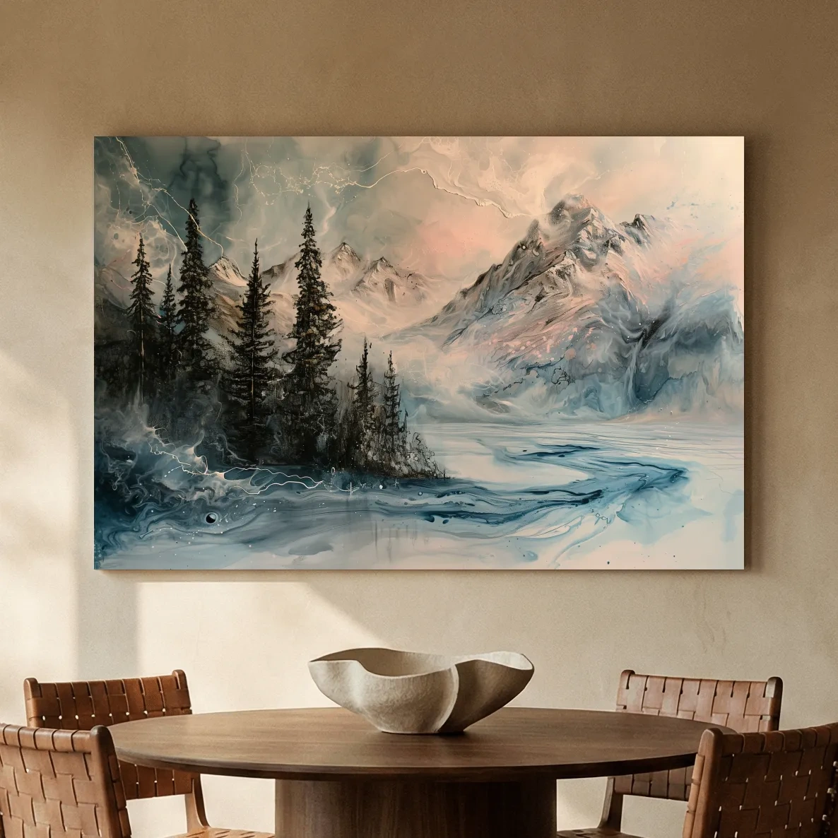 Ethereal Mountain Lake Alpine Forest - Moody Abstract Alcohol Ink Wall Art